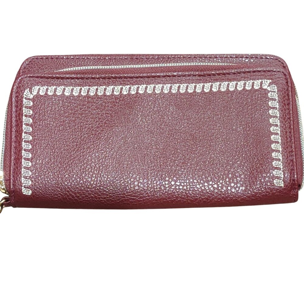 Burgundy Pebbled Faux Leather Zip Wallet Embroidered Wristlet Card Organizer